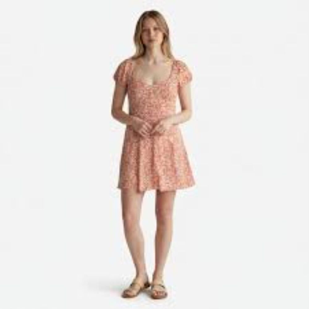 Hurley Floral Summer Dress XL Smocked back Mini Ruffle Sleeves Coral